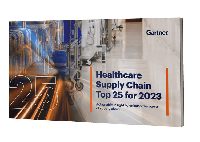 A graphic showing a hospital hallway with text depicting the top 25 healthcare systems with excellent healthcare supply chain management in 2023