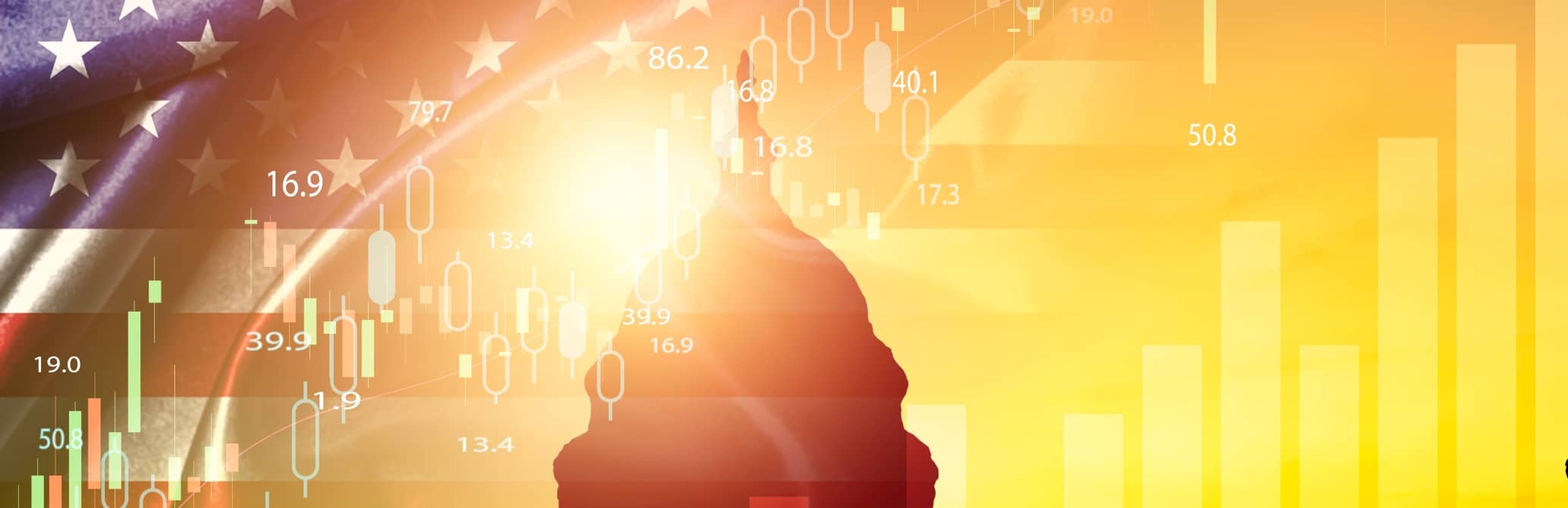Picture of Washington D.C. with a flag and numbered chart depicting the potential impact of tariffs on the healthcare implant supply chain