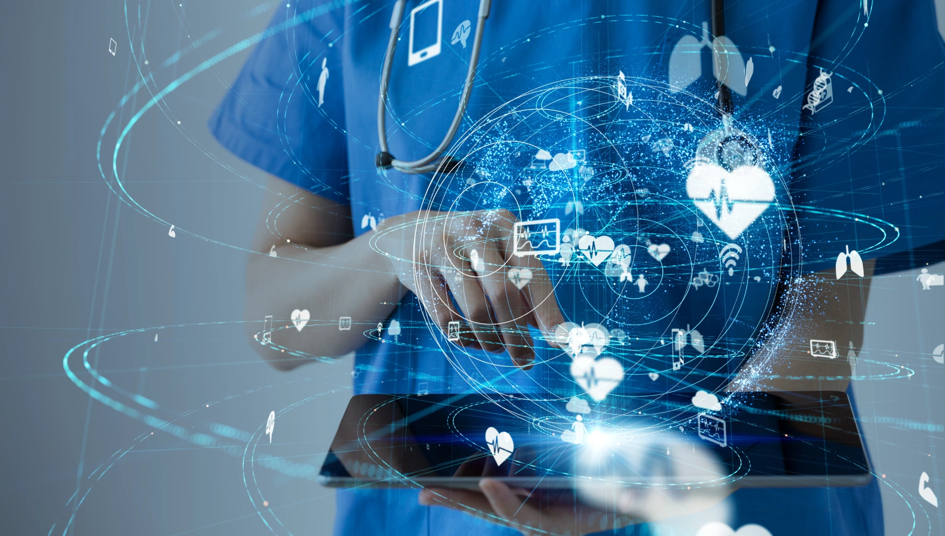 Healthcare professional using a tablet to manage digital hospital data and automated implant billing workflows.
